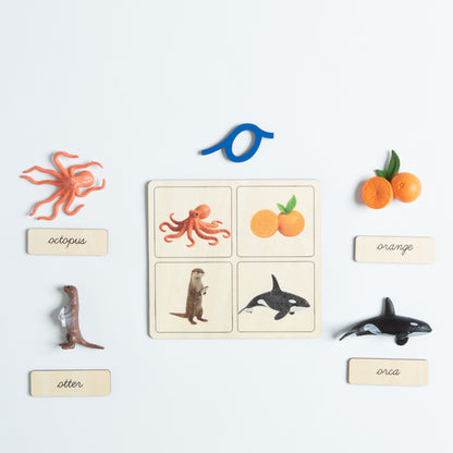 Montessori sound pouch for letter A with cursive card and real objects