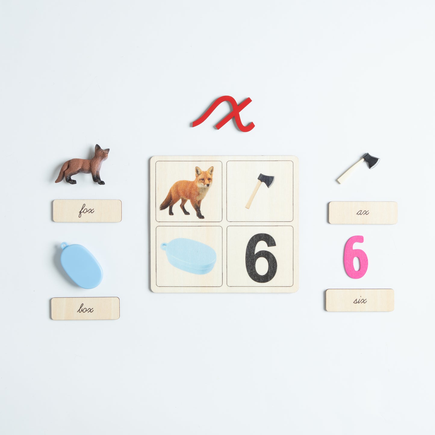 Montessori sound pouch for letter F with cursive card and phonics objects
