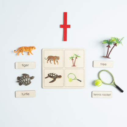 Montessori sound pouch for letter T with print card and beginning sound objects