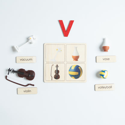 Montessori sound pouch for letter V with print card and phonics materials