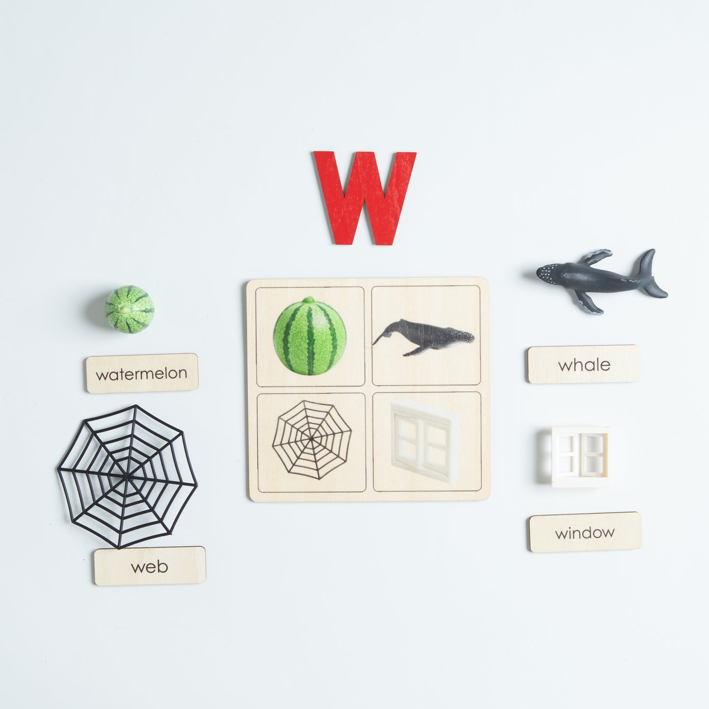 Montessori sound pouch for letter W with print card and real miniatures