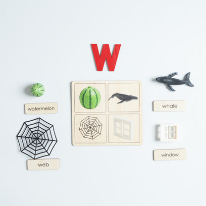 Montessori sound pouch for letter W with print card and real miniatures