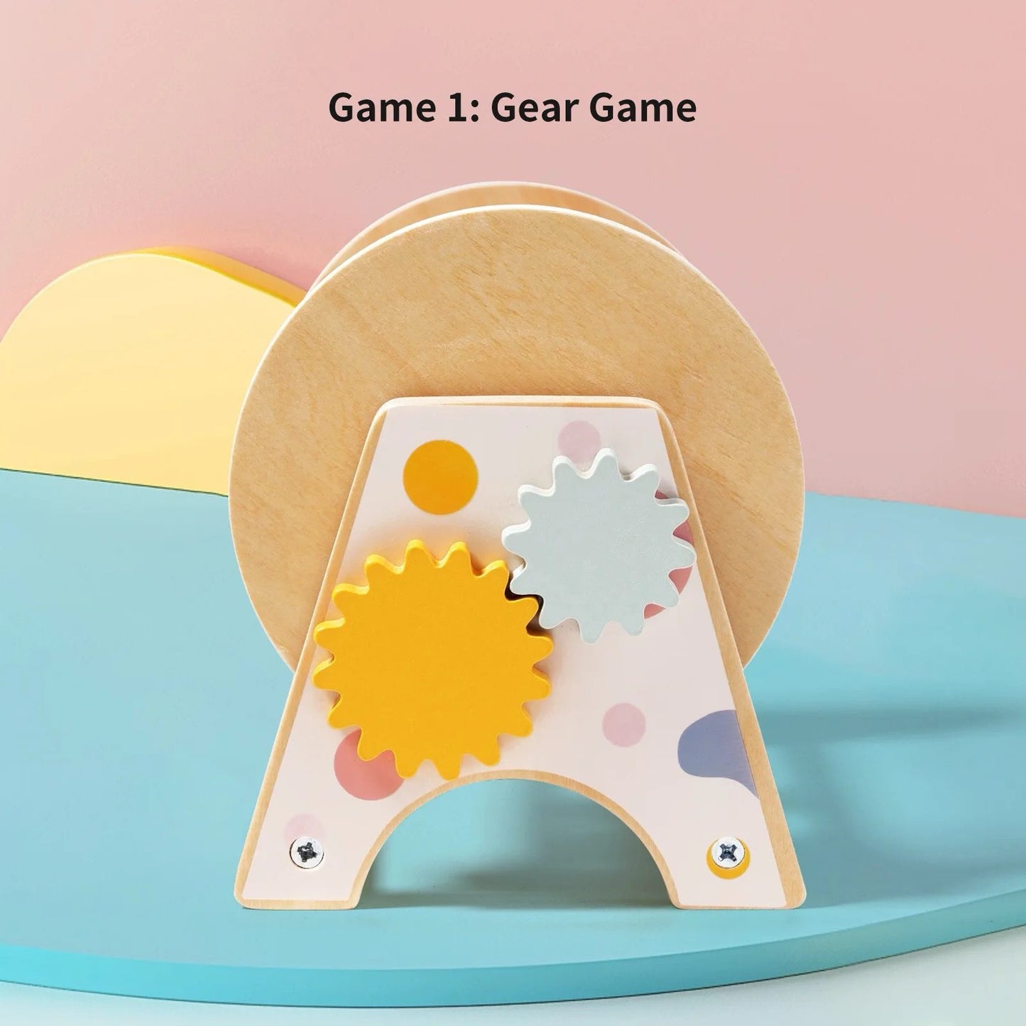 3-in-1 Wooden Ball Spinning Drum with Mirror and Gears – Infant Sensory Toy