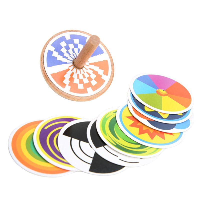 Wooden Spinning Top Toy with Interchangeable Optical Illusion Discs – Sensory Visual Exploration Activity for Kids
