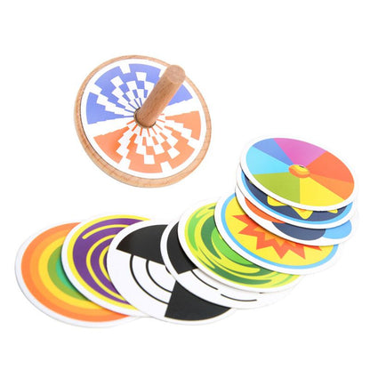 Wooden Spinning Top Toy with Interchangeable Optical Illusion Discs – Sensory Visual Exploration Activity for Kids