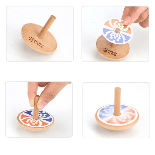 Wooden Spinning Top Toy with Interchangeable Optical Illusion Discs – Sensory Visual Exploration Activity for Kids