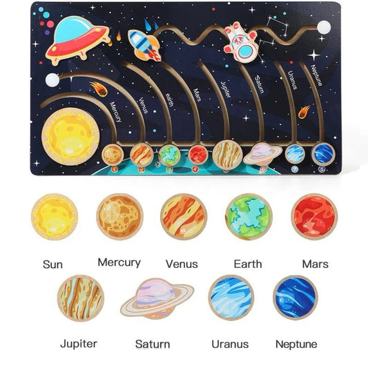 STEM educational solar system board with labeled planets, hands-on space puzzle for early science learning