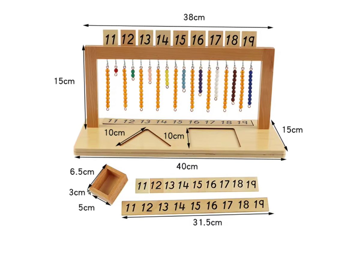 Montessori teen bead hanger dimensions chart showing bead hanger height, width, number card sizes, and spacing of hooks for numbers 11 to 19.