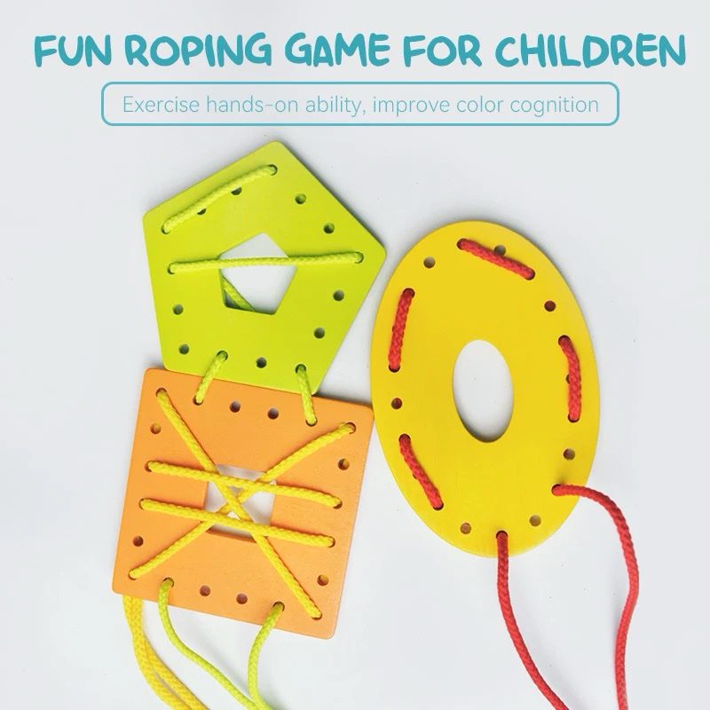 Child-friendly geometric lacing shapes designed for independent fine motor and concentration practice