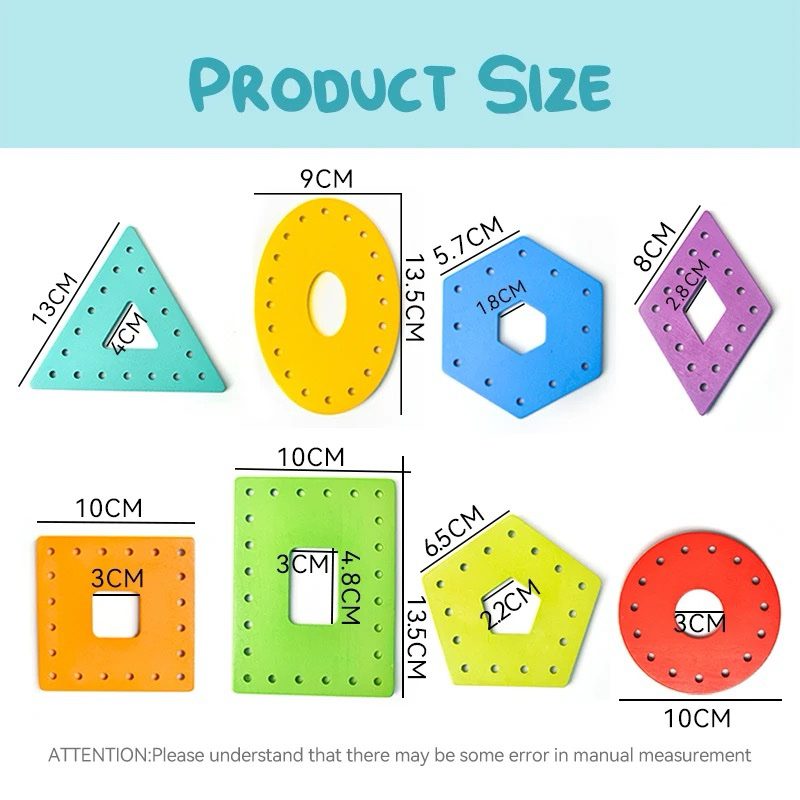 Threading geometric shapes showing size and shape details for early math and spatial awareness learning