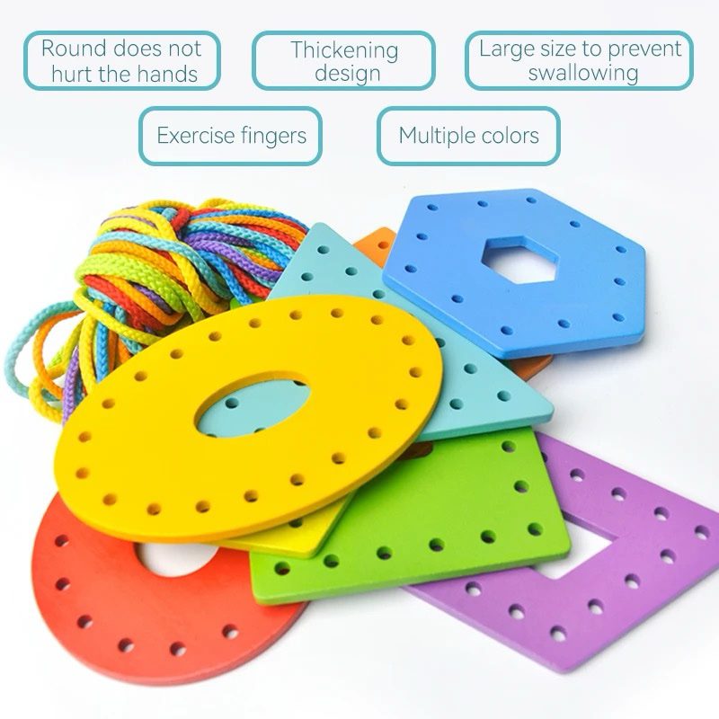 Colorful geometric shapes with lacing holes used for threading and fine motor skill development