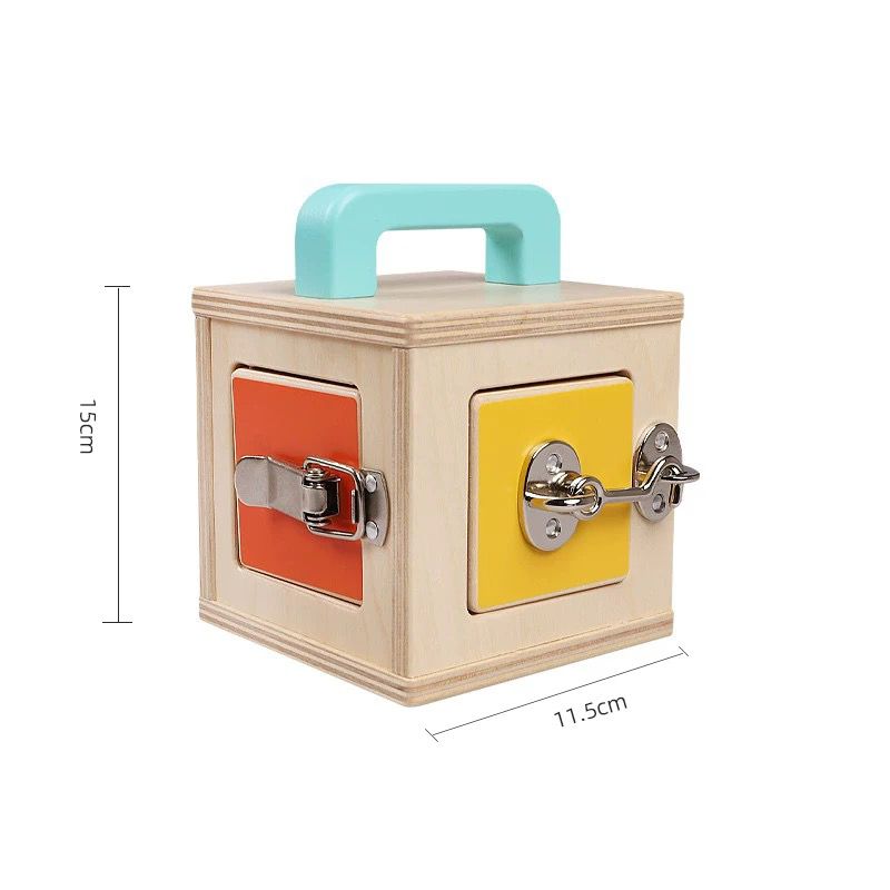 Wooden Montessori lockbox with open doors for toddler exploration