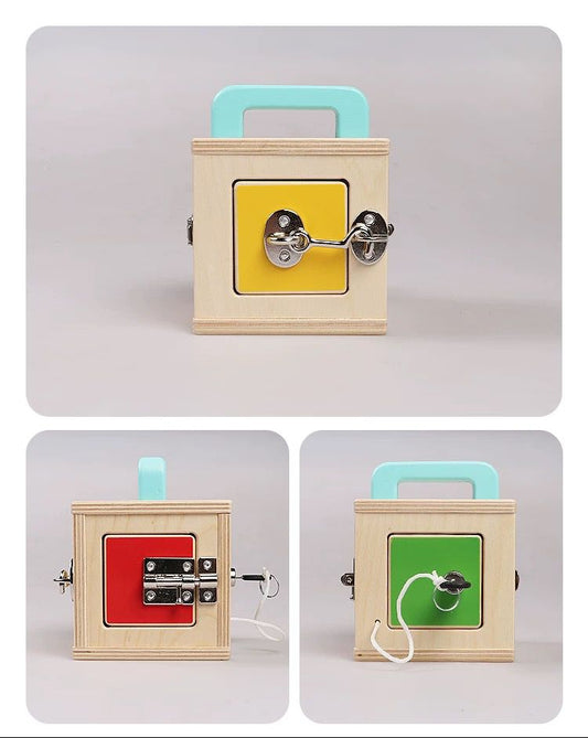 Montessori toddler lockbox practical life activity with wooden doors