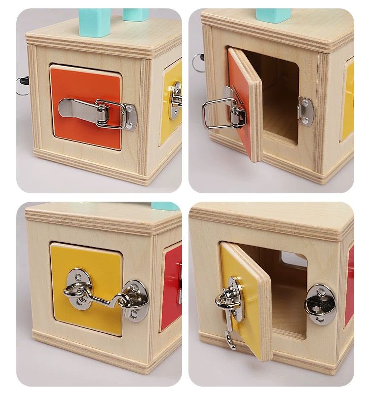 Wooden Montessori lockbox with open doors for toddler exploration