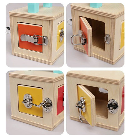 Wooden Montessori lockbox with open doors for toddler exploration