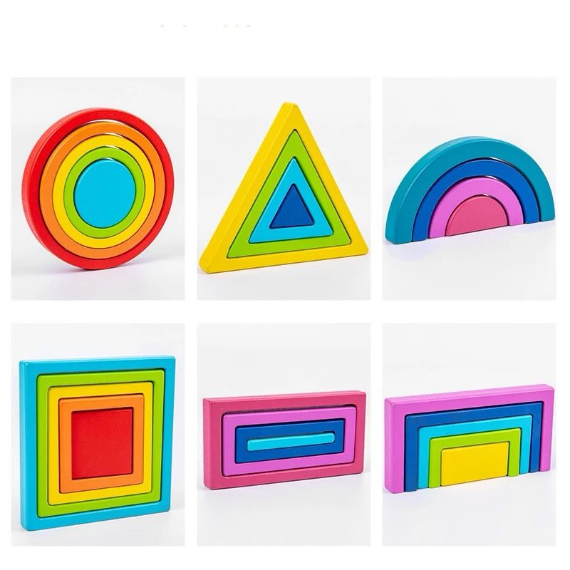 Toddler rainbow wooden nesting blocks for shape recognition and creative building play