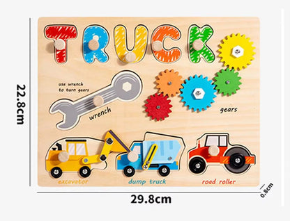Trucks and Tools Busy Board – Wooden Construction Puzzle with Gears and Screws