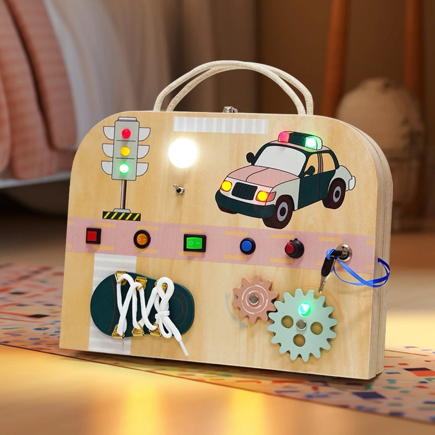 Traffic and Weather LED Busy Board – Educational Sensory Toy with Gears, Lights and Switches