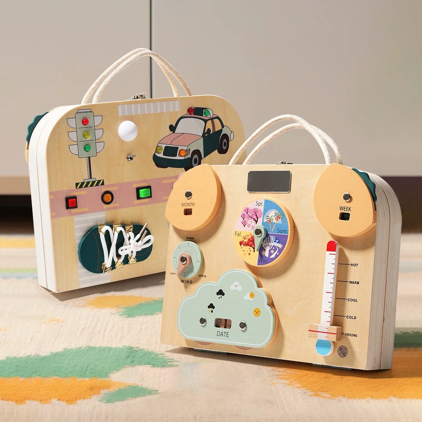Educational busy board featuring spinning gears, switches, and traffic-themed activities for fine motor development