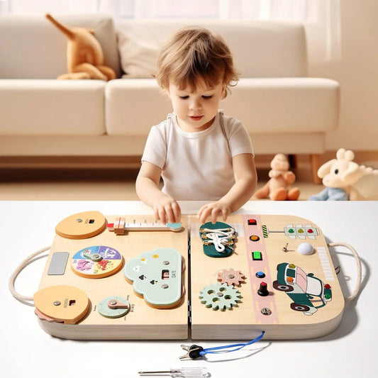 Toddler playing with traffic and weather LED busy board, educational sensory toy with switches, gears, and lights