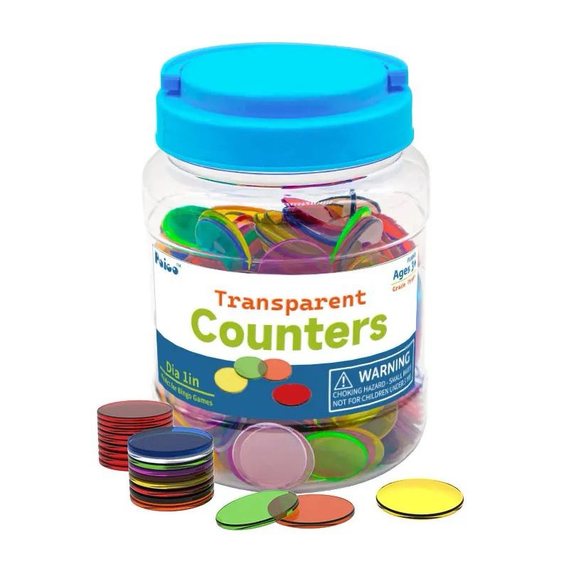 Transparent counters 300-piece set in storage jar, colorful math manipulatives for counting, sorting, patterning, and STEM learning activities for kids