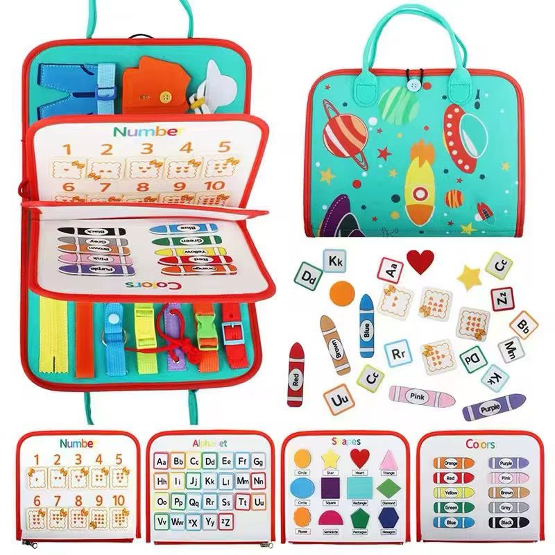 Felt Busy Board for Toddlers – Practical Life Skills Travel Toy with Space, Mermaid and Dino Themes