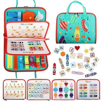 Felt Busy Board for Toddlers – Practical Life Skills Travel Toy with Space, Mermaid and Dino Themes