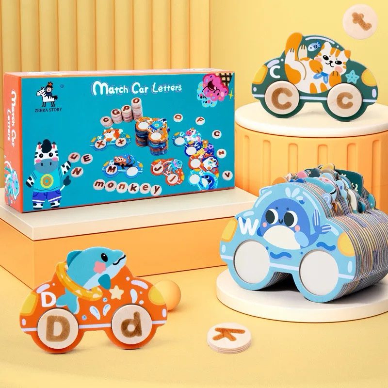 Wooden alphabet car letter matching toy for learning uppercase and lowercase letters