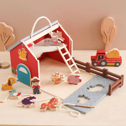 Wooden Farm Pretend Play Set – Barn, Animals and Tractor Toy with Lacing Activity for Toddlers