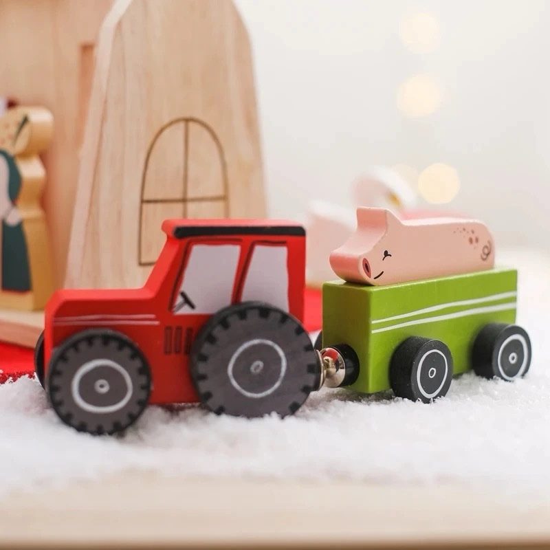 Wooden Farm Pretend Play Set – Barn, Tractor and Animal Figures in Carry Case for Toddlers
