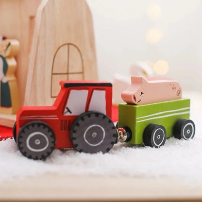 Wooden Farm Pretend Play Set – Barn, Tractor and Animal Figures in Carry Case for Toddlers