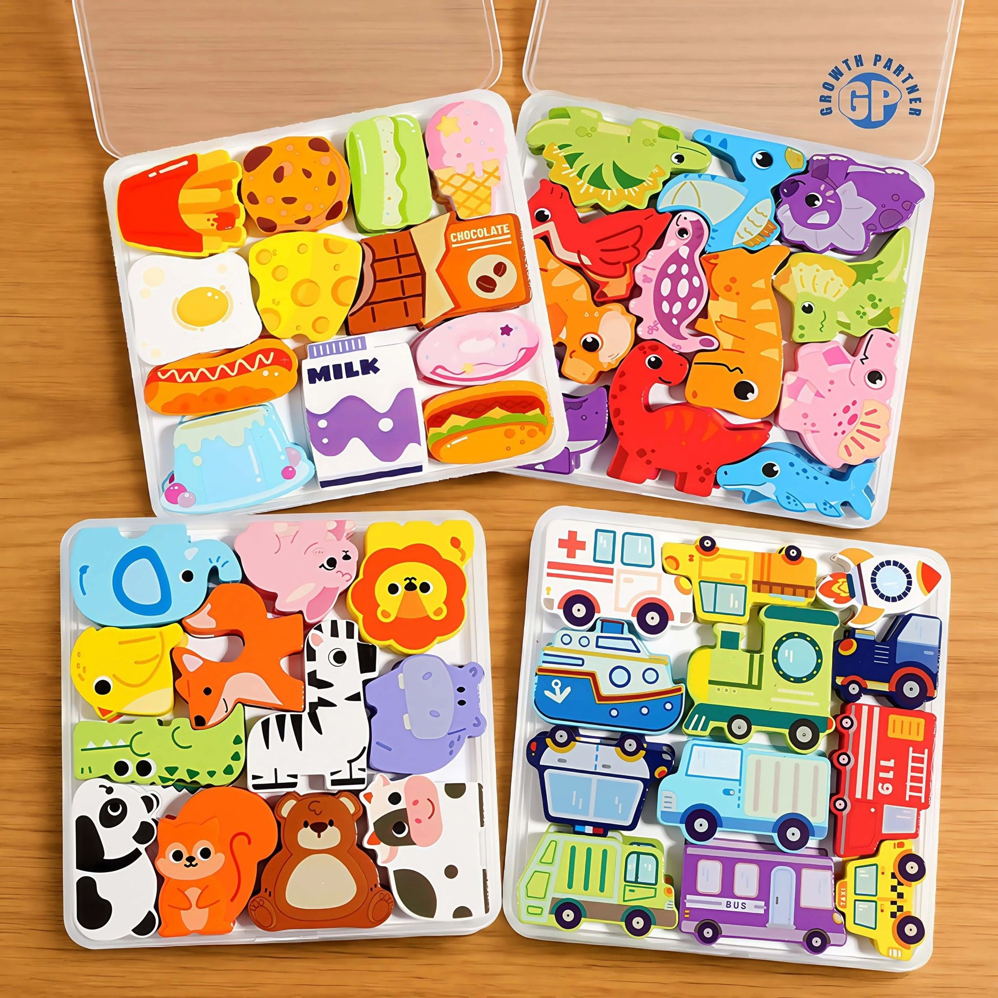 Colorful wooden matching puzzle pieces arranged in tray, sorting and stacking activity for toddlers