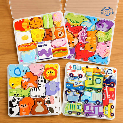 Colorful wooden matching puzzle pieces arranged in tray, sorting and stacking activity for toddlers