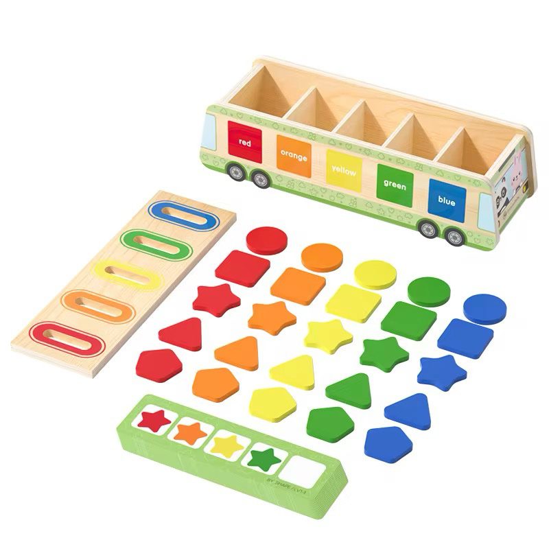 Wooden Bus Shape and Color Coin Drop Activity – Fine Motor Sorting Toy with Pattern Flashcards