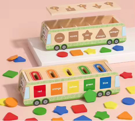 Wooden bus shape and color coin drop activity toy for toddlers to practice sorting and fine motor skills