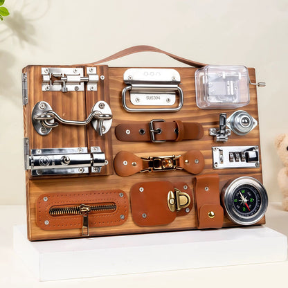 Wooden busy board with musical box, compass, latches, and practical life activities for fine motor skill development
