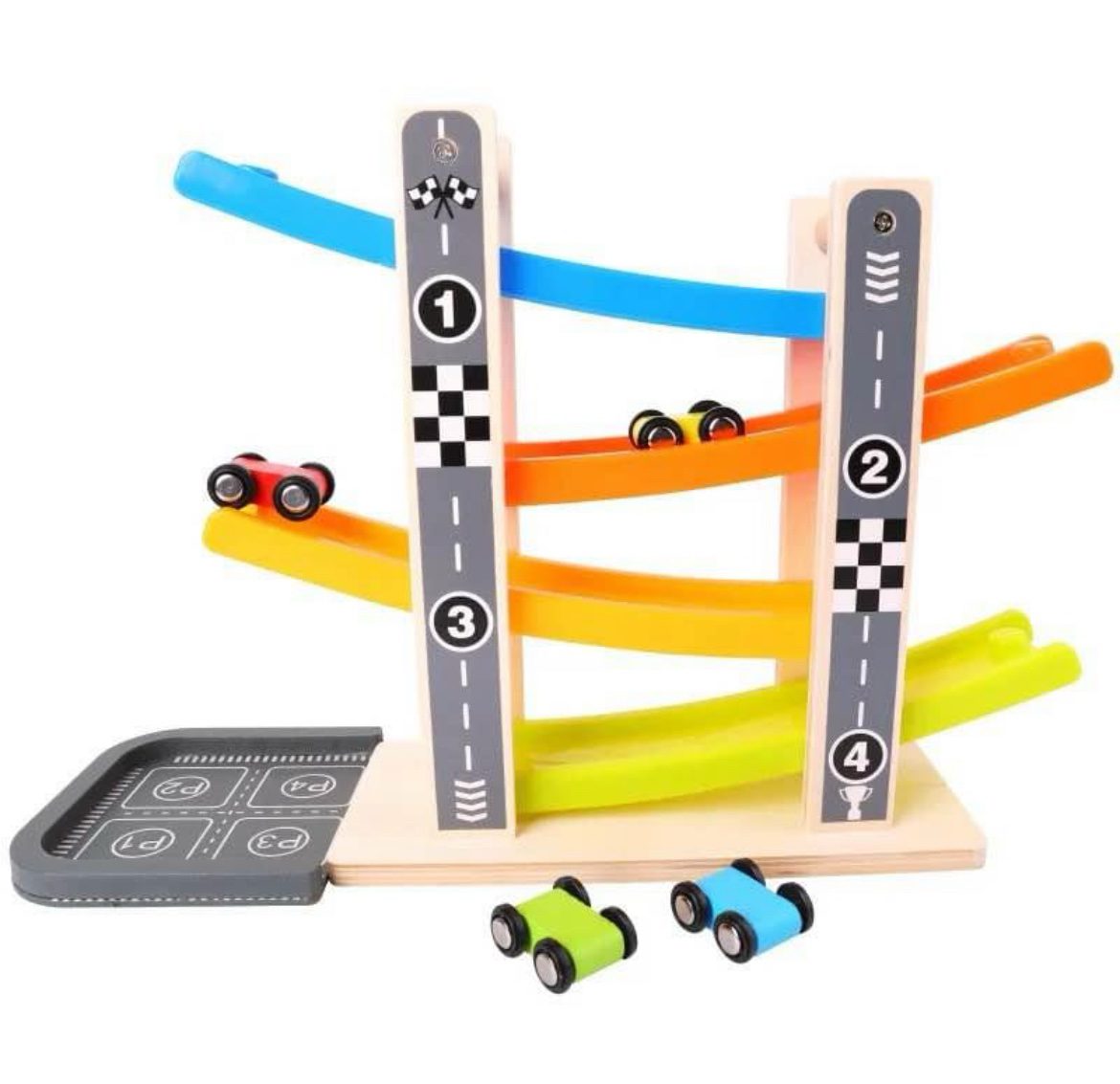 Wooden Car Ramp Racer Track with 4 Cars – Montessori Car Tracker Toy