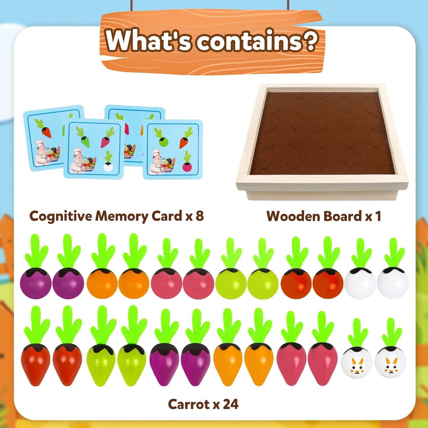 Wooden carrot harvest toy for toddlers learning matching and coordination