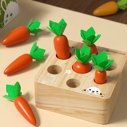 Toddler playing with wooden carrot harvesting puzzle to develop fine motor skills