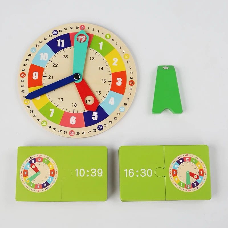 Close-up of wooden clock learning toy showing movable hands and clear numbers