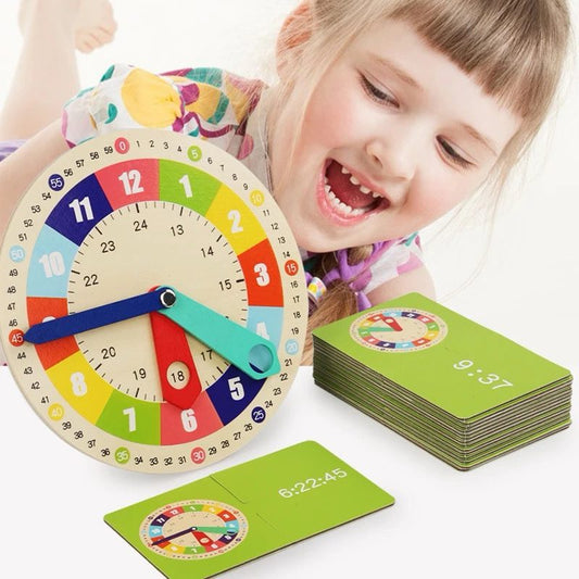 Child learning to tell time using wooden clock model with colorful time matching cards