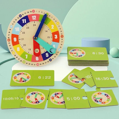 Time matching activity using wooden clock and cards for kids early time learning