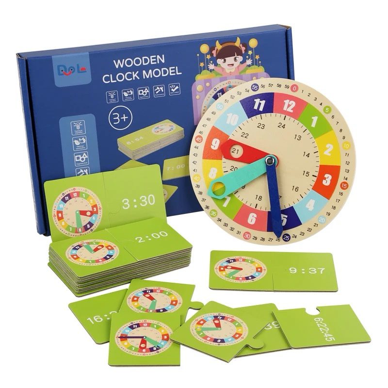 Wooden clock model with time matching cards complete educational set for kids