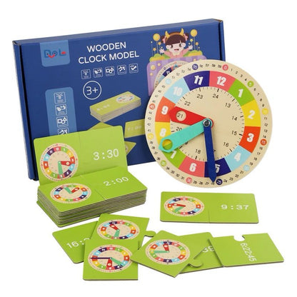 Wooden clock model with time matching cards complete educational set for kids