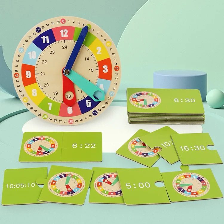 Interactive wooden clock with time matching cards for teaching hours and minutes