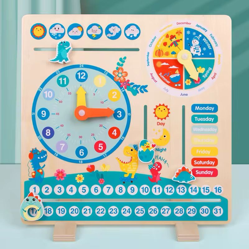 Wooden dinosaur calendar and clock learning board Montessori educational toy for kids