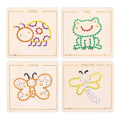 Wooden embroidery board set with animal and object designs for sewing practice and fine motor development