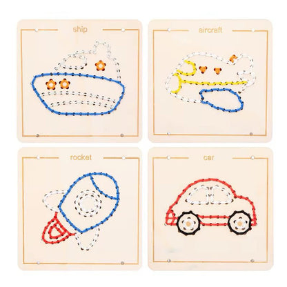 Wooden embroidery boards showing different stitched designs to support creativity and hand control