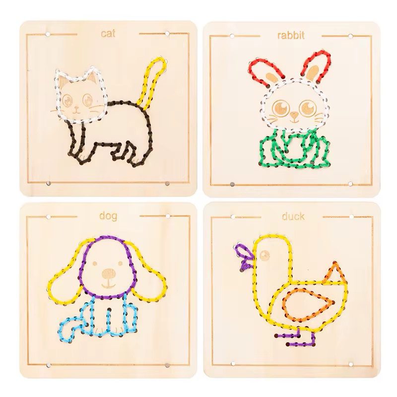 Child using a wooden embroidery board to practice sewing and improve fine motor coordination