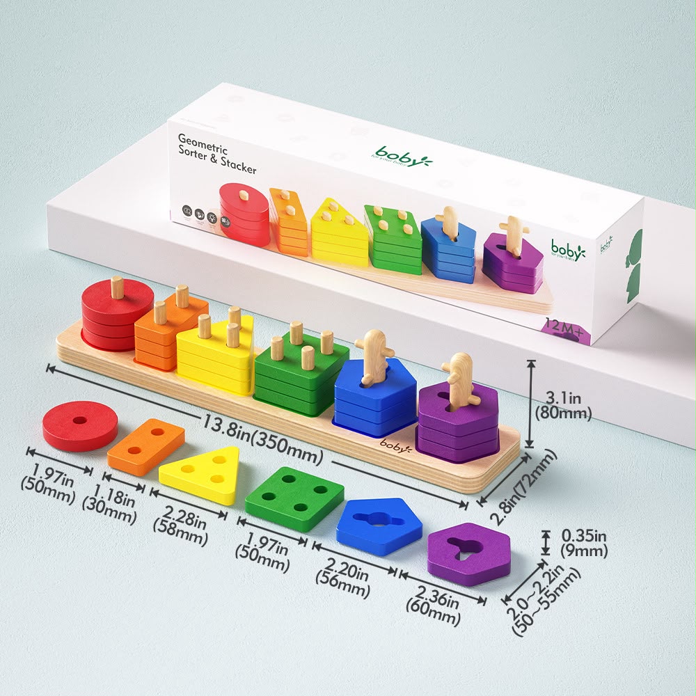Wooden geometric peg stacking toy for toddlers